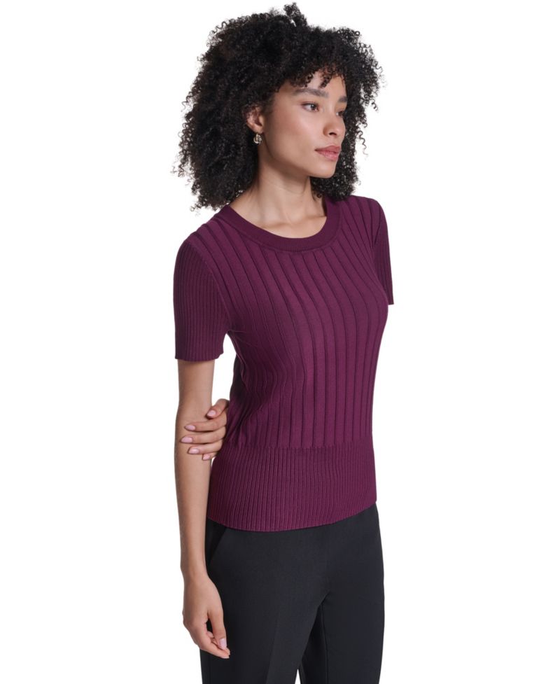 Petite Short-Sleeve Crewneck Ribbed Sweater