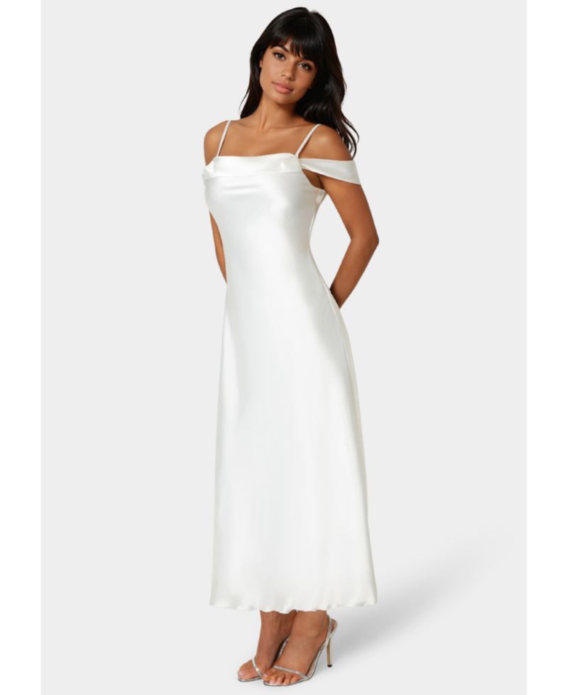 Women's Drape Shoulder High Slit Satin Maxi Dress