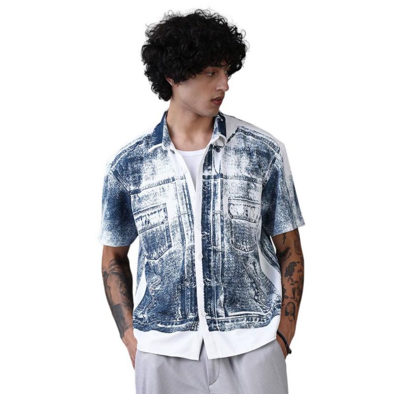 Men's Navy Blue Denim-Imprint Relaxed Shirt