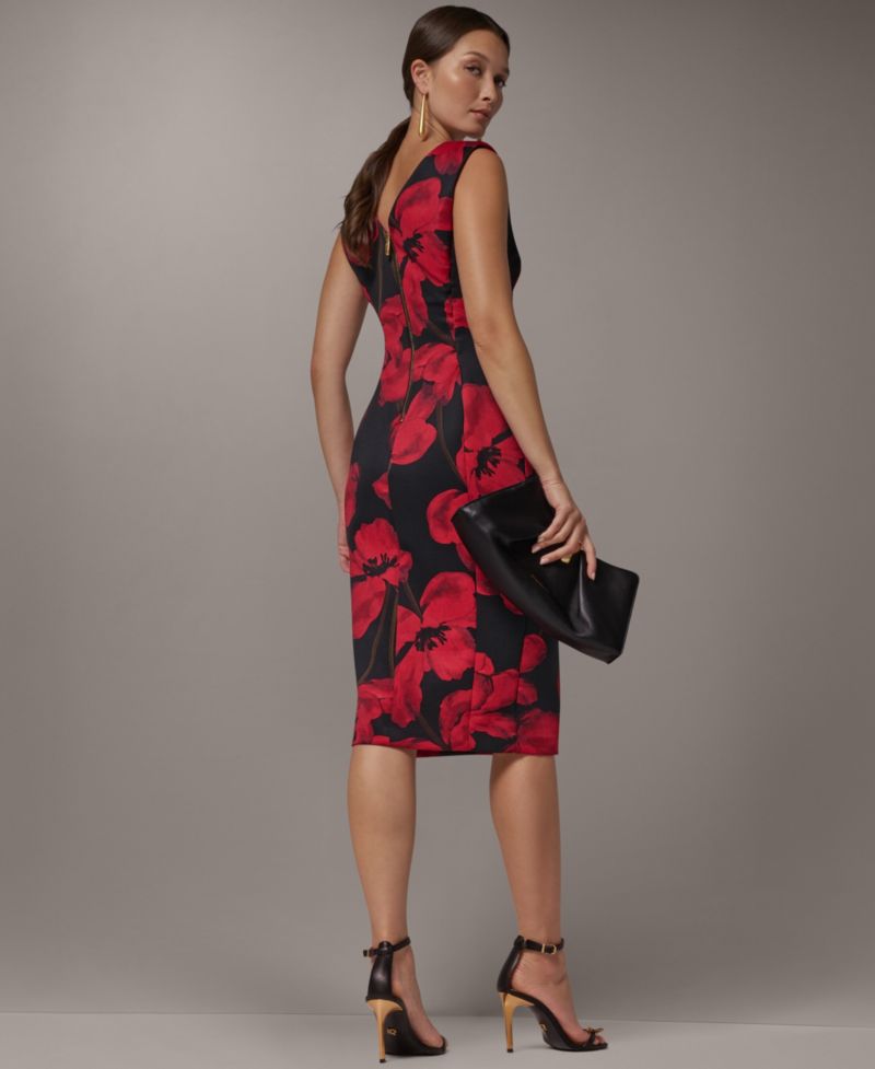 Women's Floral-Print V-Neck Sleeveless Sheath Midi Dress