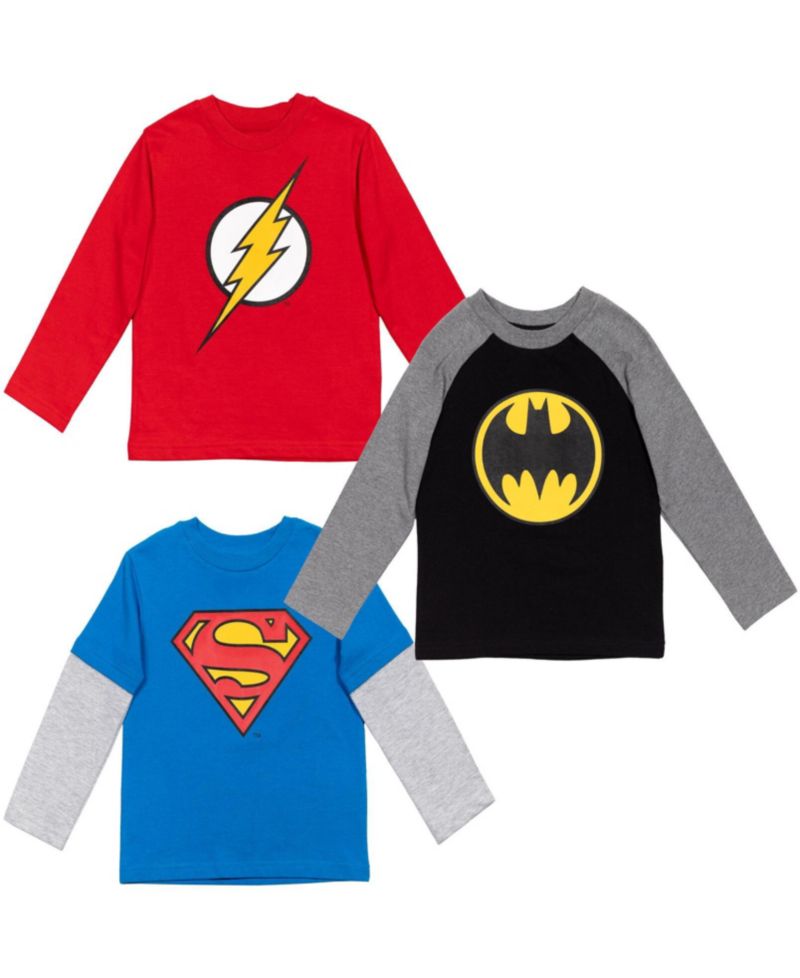 Little Boys Batman Superman The Flash 3 Pack Hang down Long Sleeve T-Shirts
