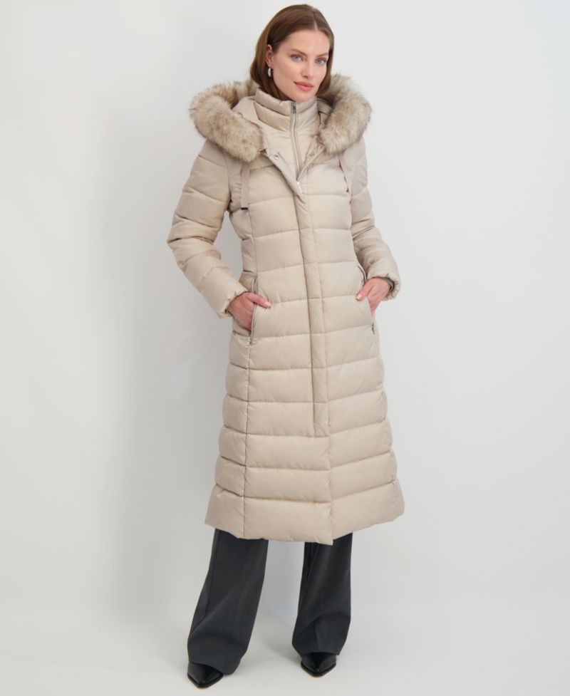 Womens Maxi Shine Bibbed Faux-Fur-Trimmed Hooded Puffer Coat