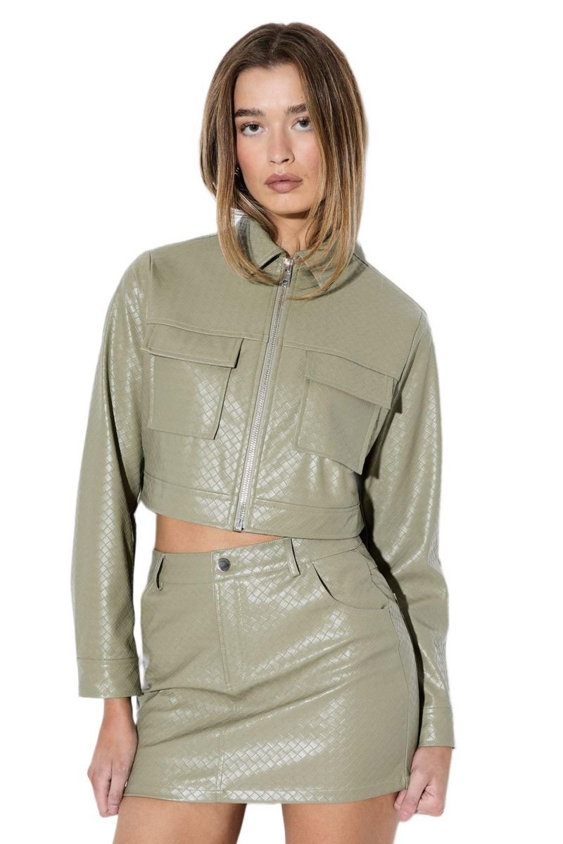 Women's Woven Detail Faux Leather Jacket