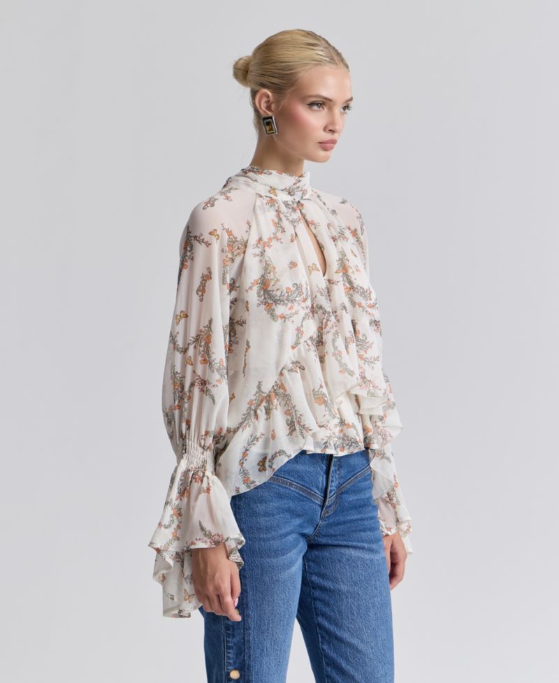 Women's Floral High-Neck Puff-Sleeve Top