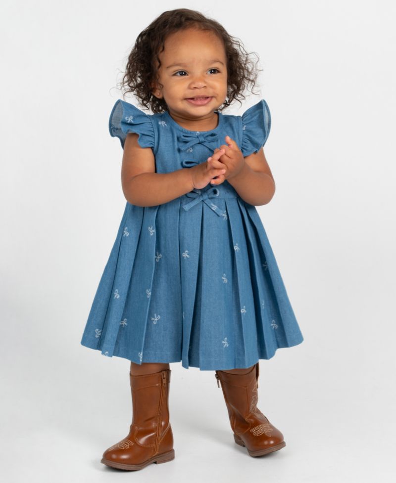 Baby Girls' Printed Bow Denim Dress with Diaper, 2-Piece Set
