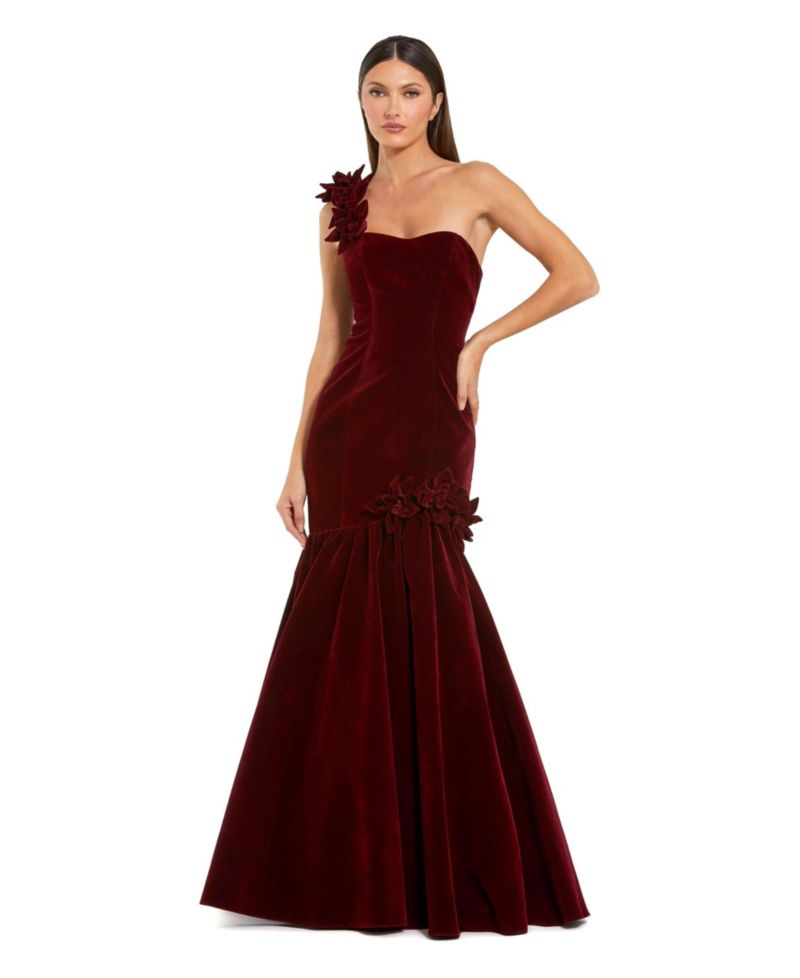 Women's Mermaid One-Shoulder Velvet Gown with Floral Appliques