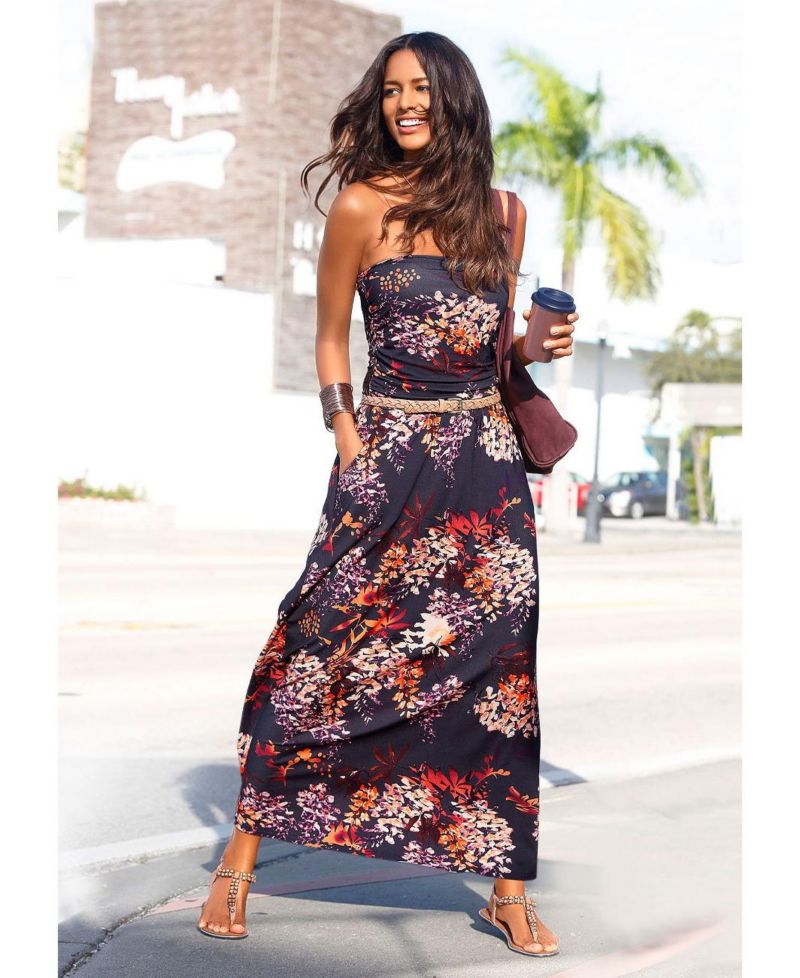 Women's Viscose Printed with Pockets Style Bandeau Maxi Dress