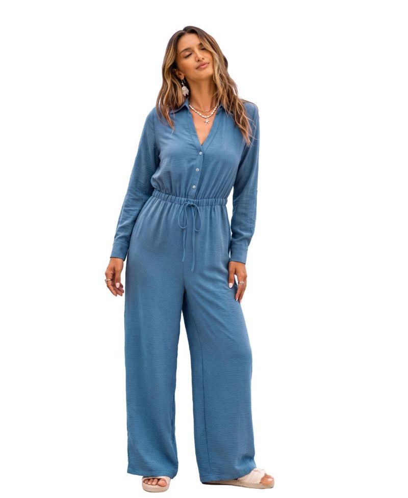 Women's Long-Sleeve Wide-Leg Collared Jumpsuit