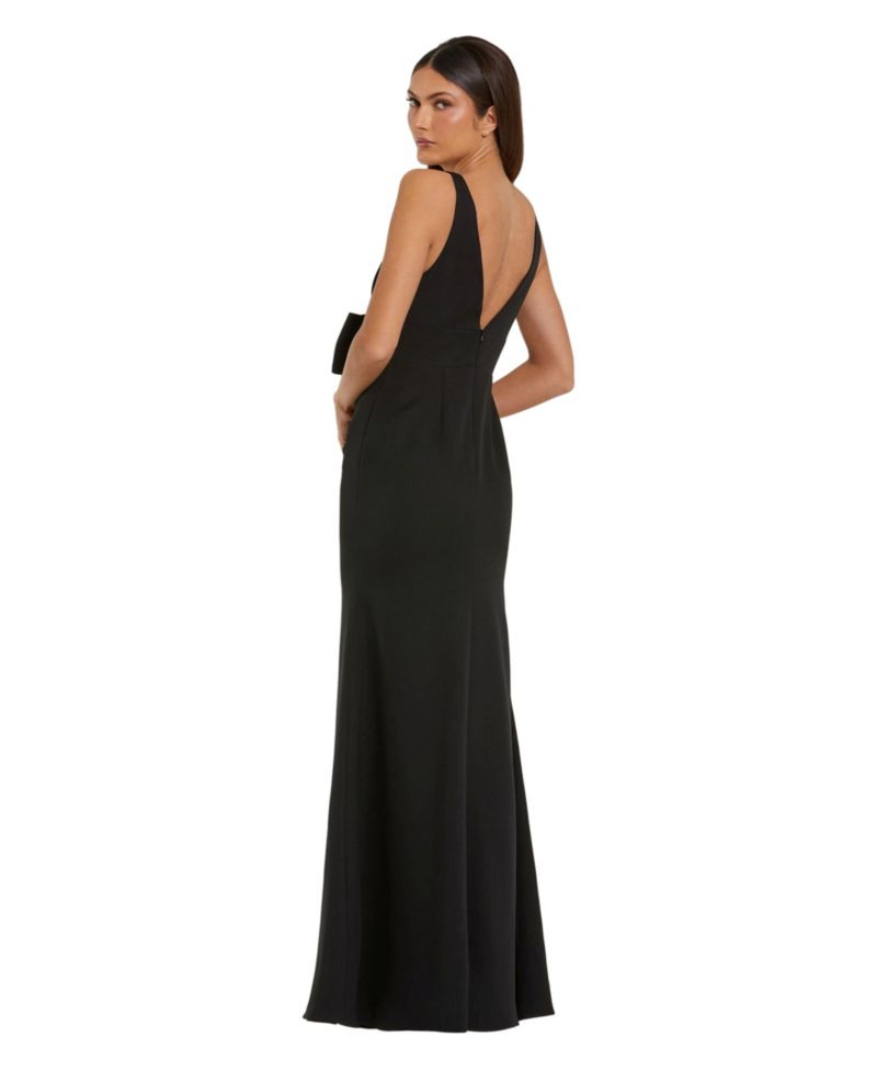 Women's Crepe Sleeveless V Neck Column Dress With Bow