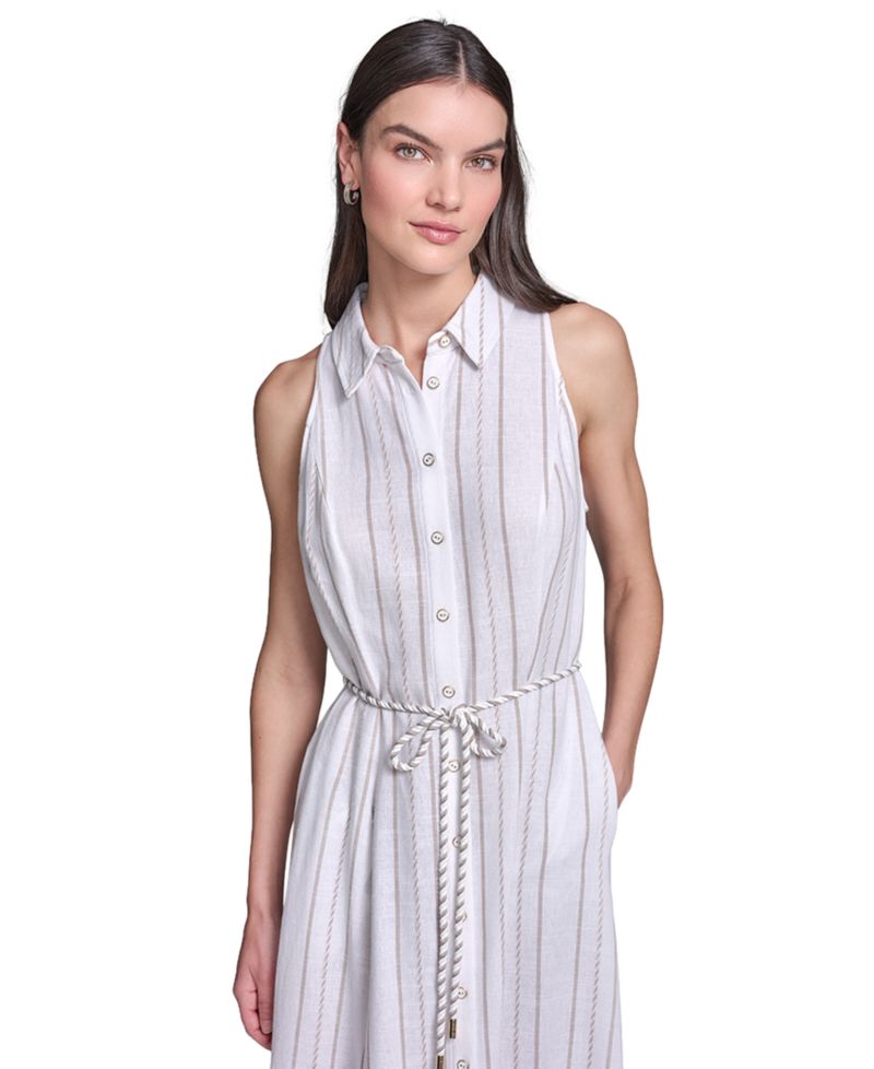 Women's Striped Rope Belt Midi Shirt-Dress