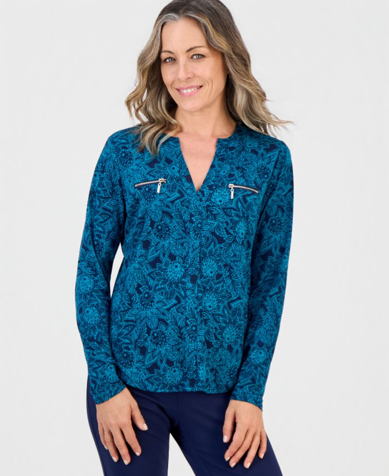 Petite Floral Arrangement V-Neck Zipper-Pocket Long-Sleeve Blouse