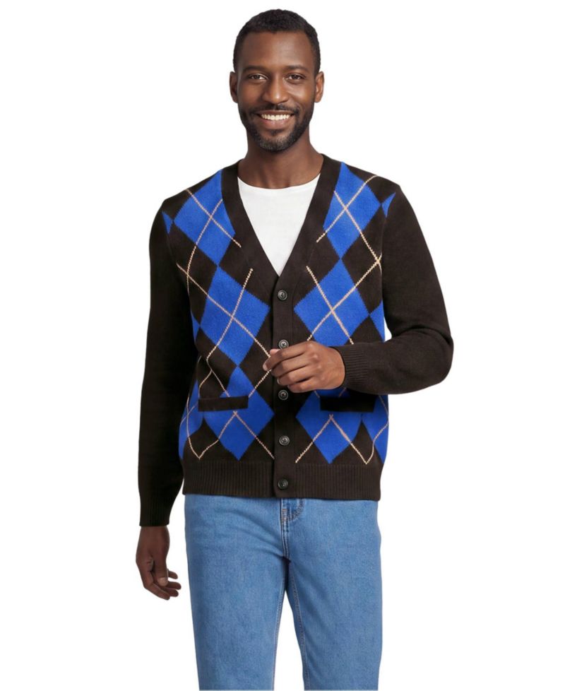 Men's Long Sleeve Fuzzy Argyle Cardigan Sweater