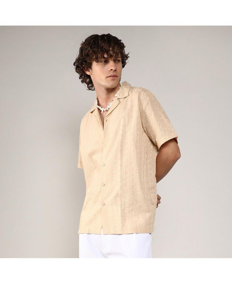 Men's Beige Embroidered Geometric Shirt
