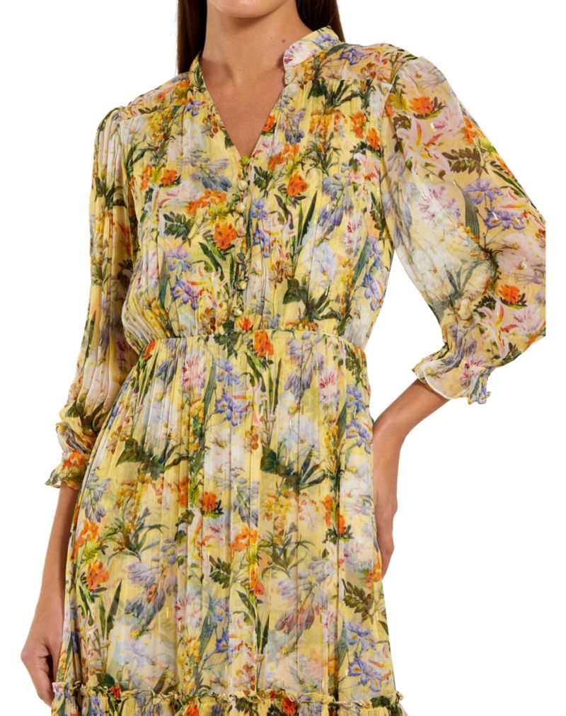 Women's Floral V-Neck Ruffle Tiered Midi Dress with 3/4 Sleeves