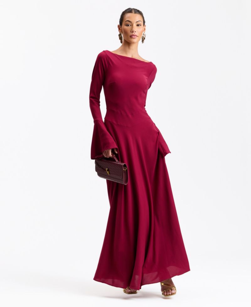 Women's Romantic Lace-Up Back Basque Waist Long High-Low Ruffle Sleeves Maxi Dress