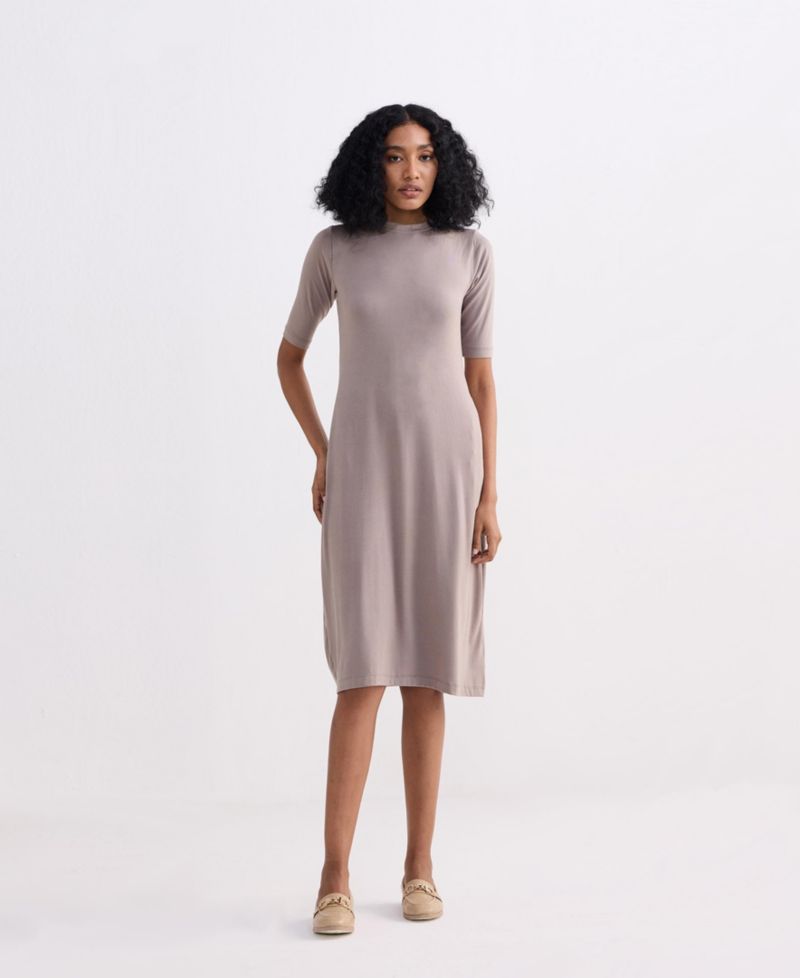 Women's High Crew Neck Elbow Sleeves Fitted Dress in Dusty Brown