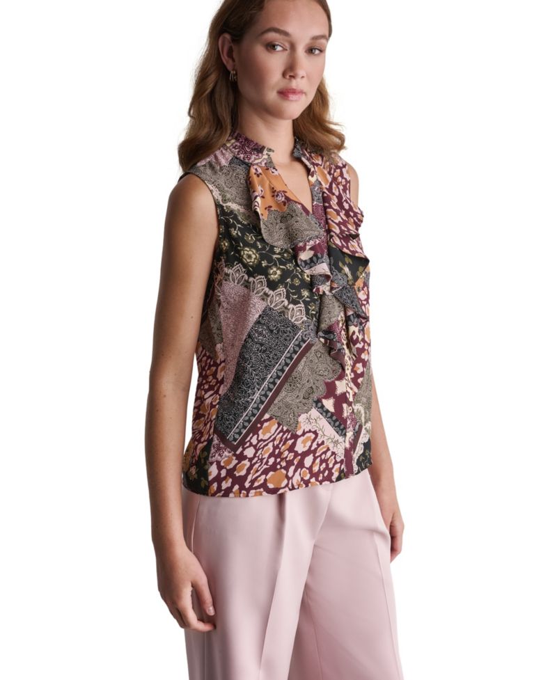 Women's Ruffle Mixed Print Button-Front Blouse