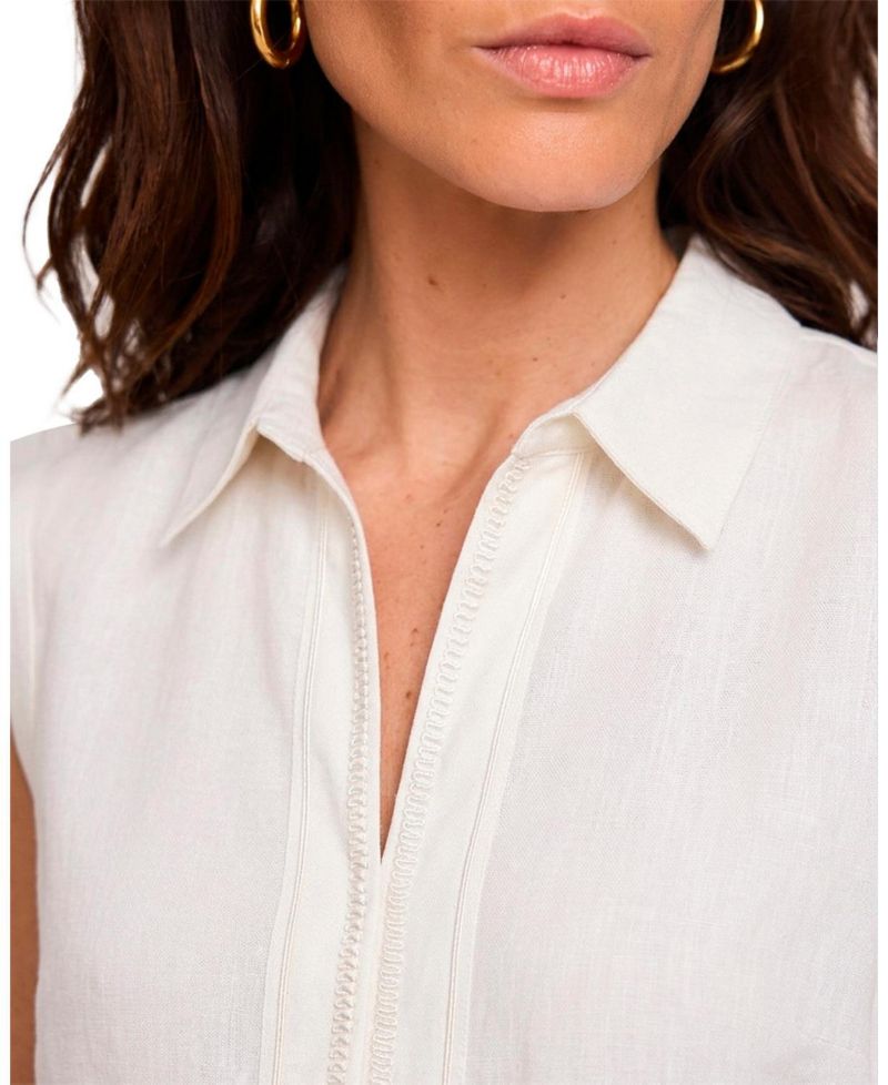 Women's Sleeveless Collared Pocket Linen Blouse
