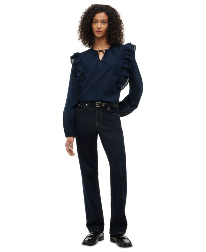 Women's Frill Detail Long-Sleeve Tie-Neck Top