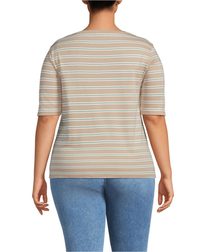 Plus Size Supima Cotton Elbow Sleeve Boatneck Button Shoulder Tee