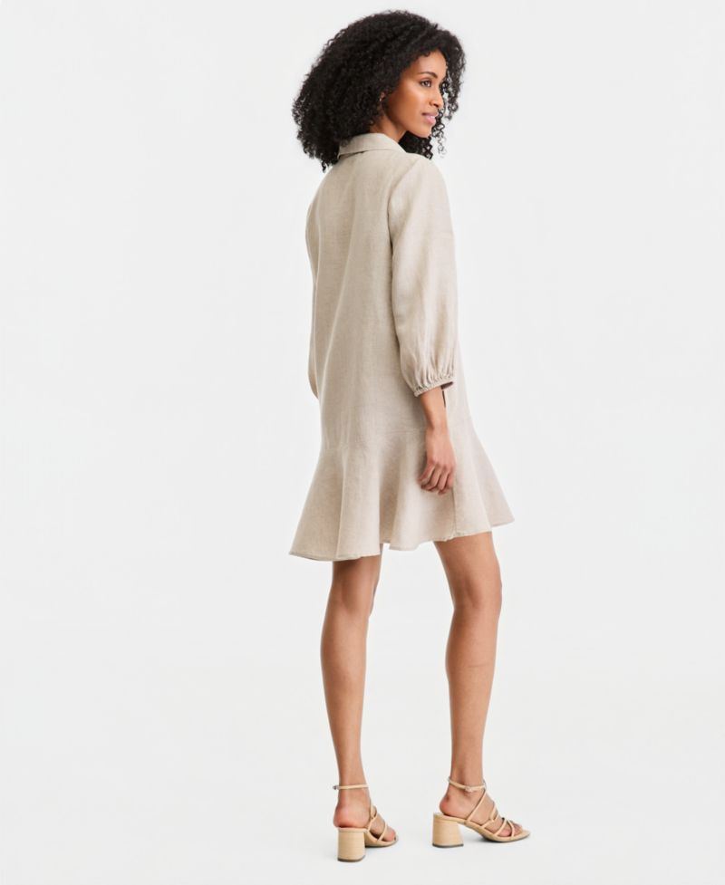 Plus Size 100% Linen Collared Flounce Dress