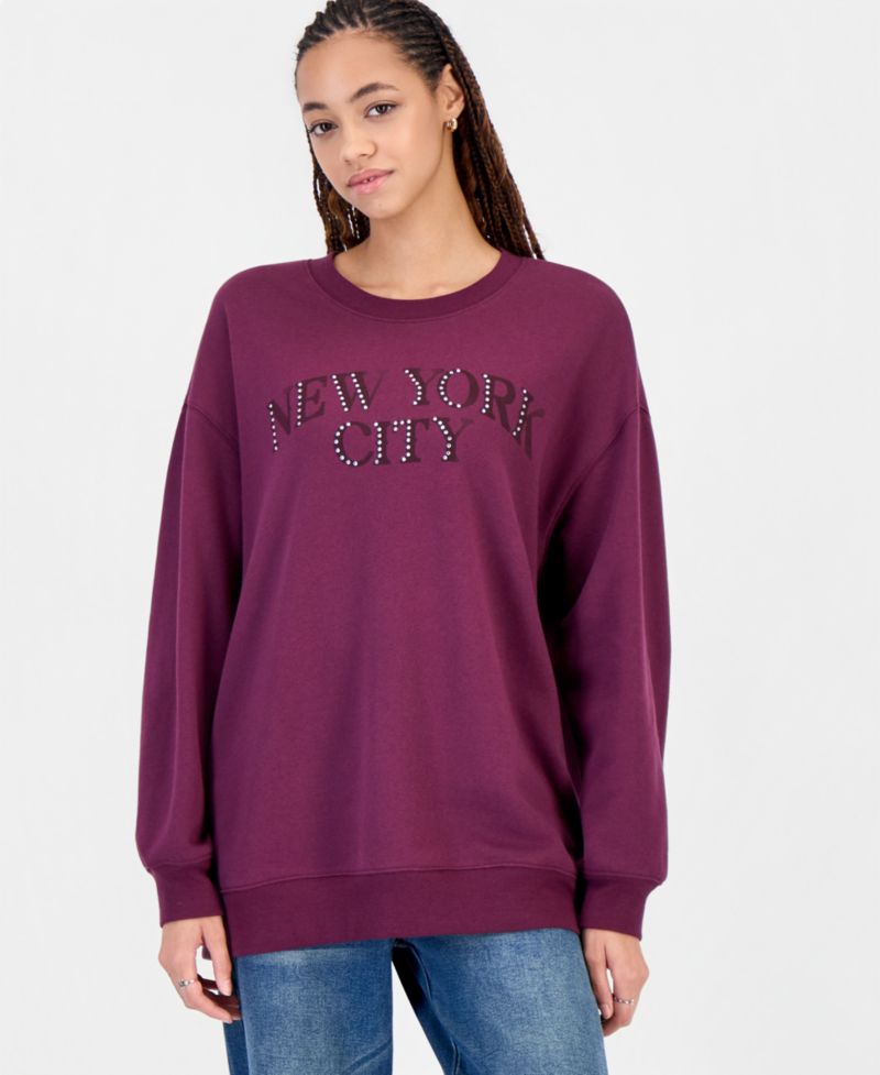 Juniors' NYC Rhinestone Oversized Fleece Hoodie