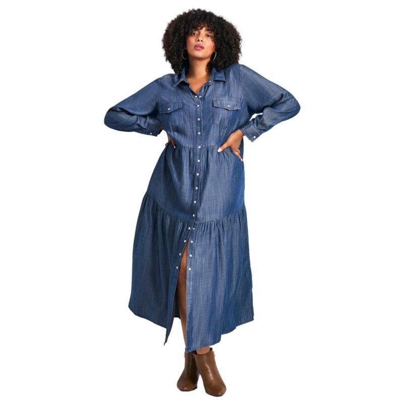 Women's Plus Size Denim Tiered Shirtdress