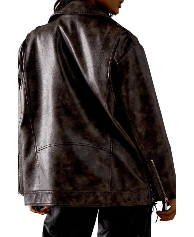 Women's Oversized Whipstitch Leather Look Jacket