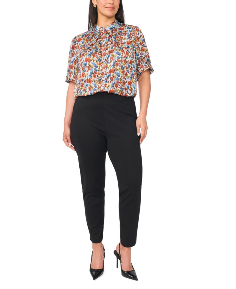 Plus Size Floral Short Puff-Sleeve Mock-Neck Blouse