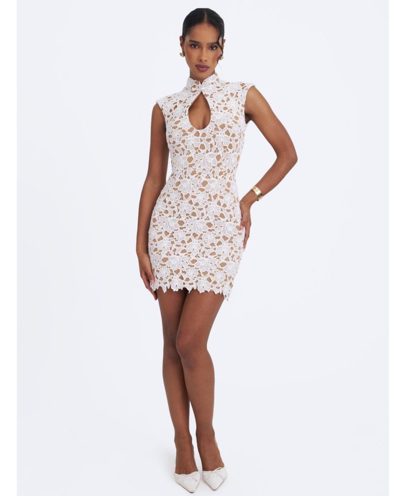 Women's Quinley Floral-Print Lace Teardrop Neckline Mini Dress