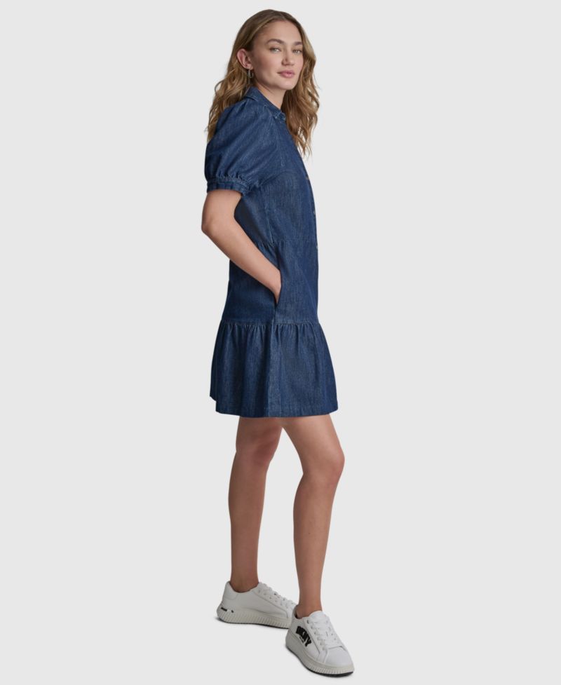 Women's Tiered Puff-Sleeve Collared Denim Cotton Mini Shirt-Dress