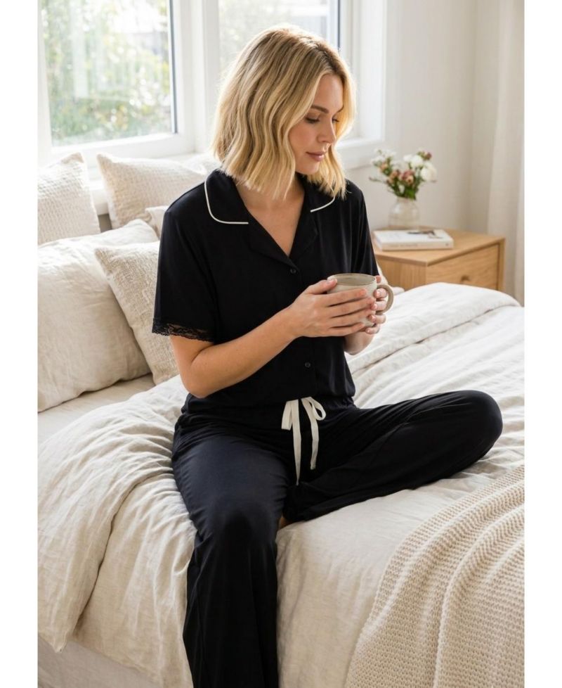 Women's Yummy Short-Sleeve Button-Up Wide-Leg Top and Pants Set