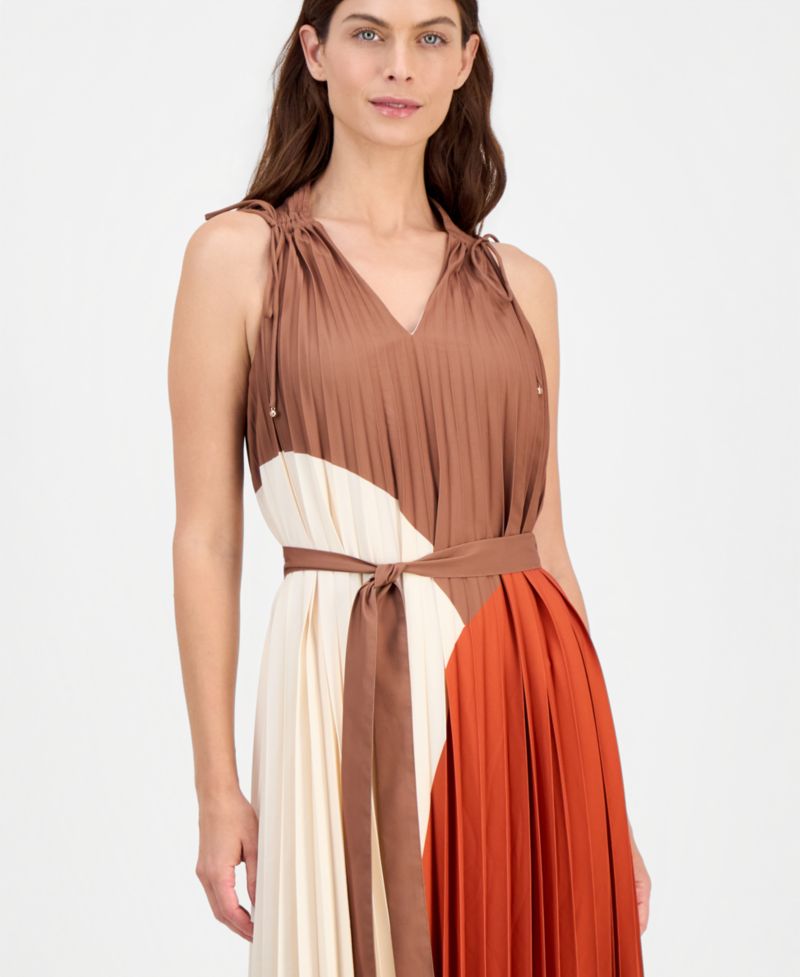 Women's V-Neck Pleated A-Line Midi Dress
