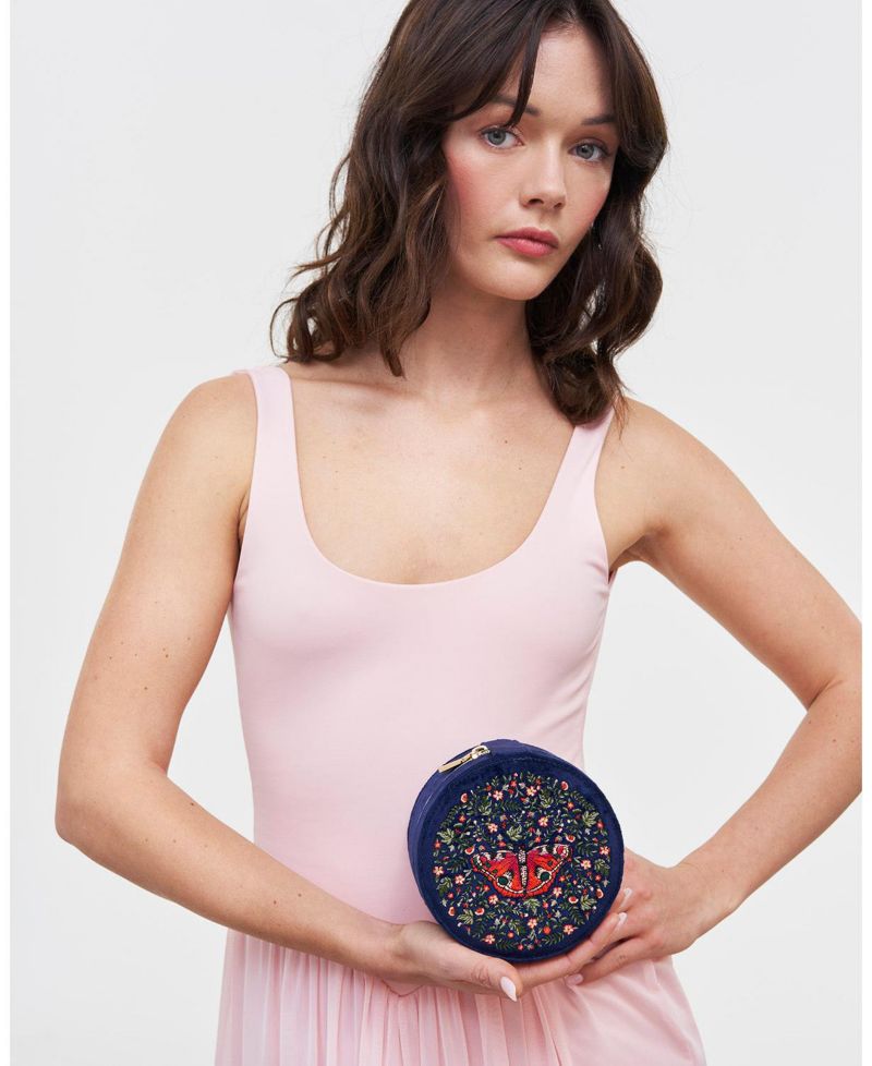 Women's Butterfly Velvet Embroidered Circle Jewellery Box