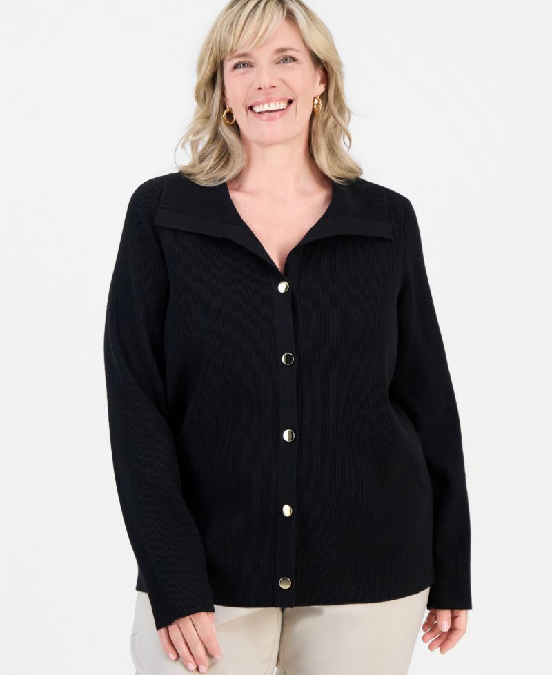 Petite Collared Long-Sleeve Button Cardigan
