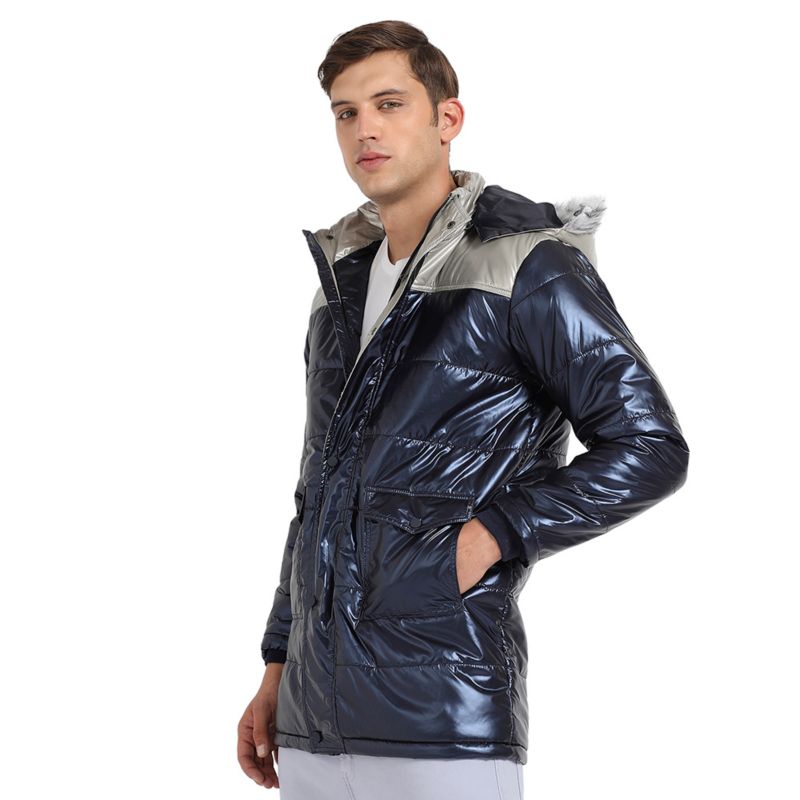 Men's Blue and Beige Zip-Front Puffer Jacket With Faux Fur Detail