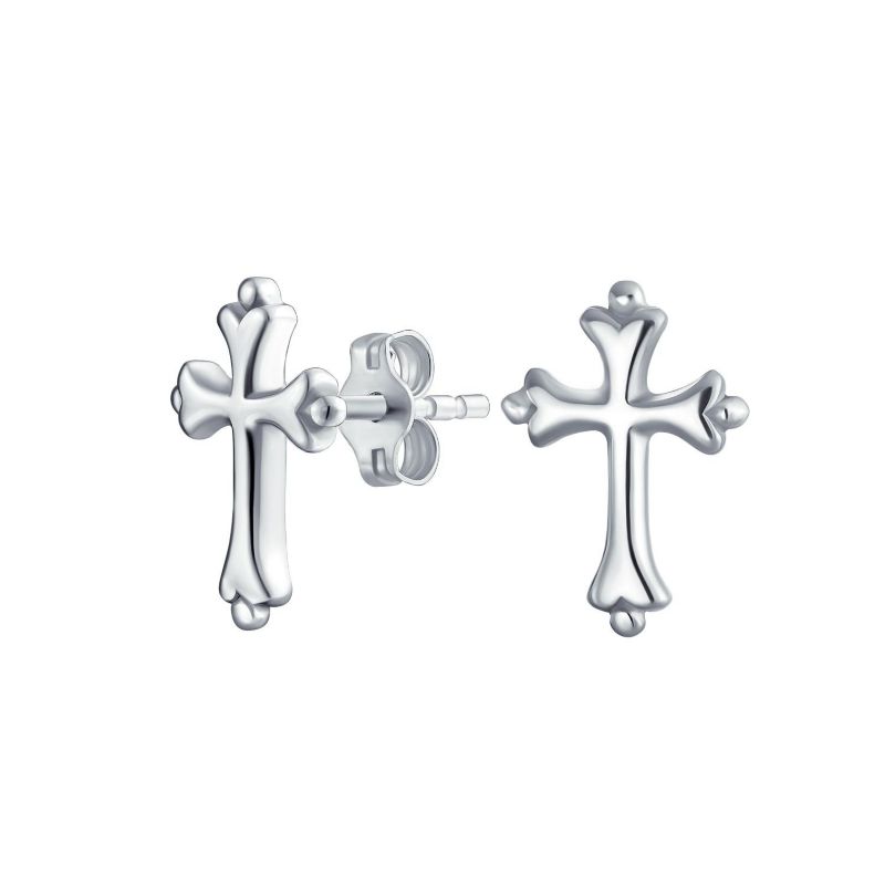 Religious Fleur De Lis Cross Stud Earrings Sterling Silver Communion Gift