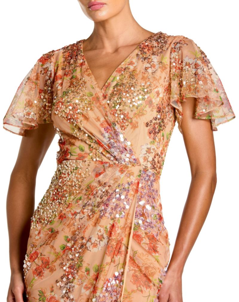 Women's Printed Mesh Flutter Sleeve Faux Wrap Midi Dress