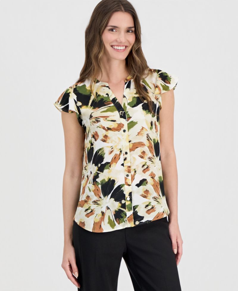 Petite Printed Split-Neck Flutter-Sleeve Blouse