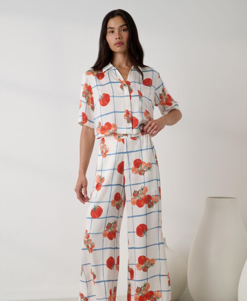 Women's High-Rise Short-Sleeve Button-Down Top and Pant, 2-Piece Set