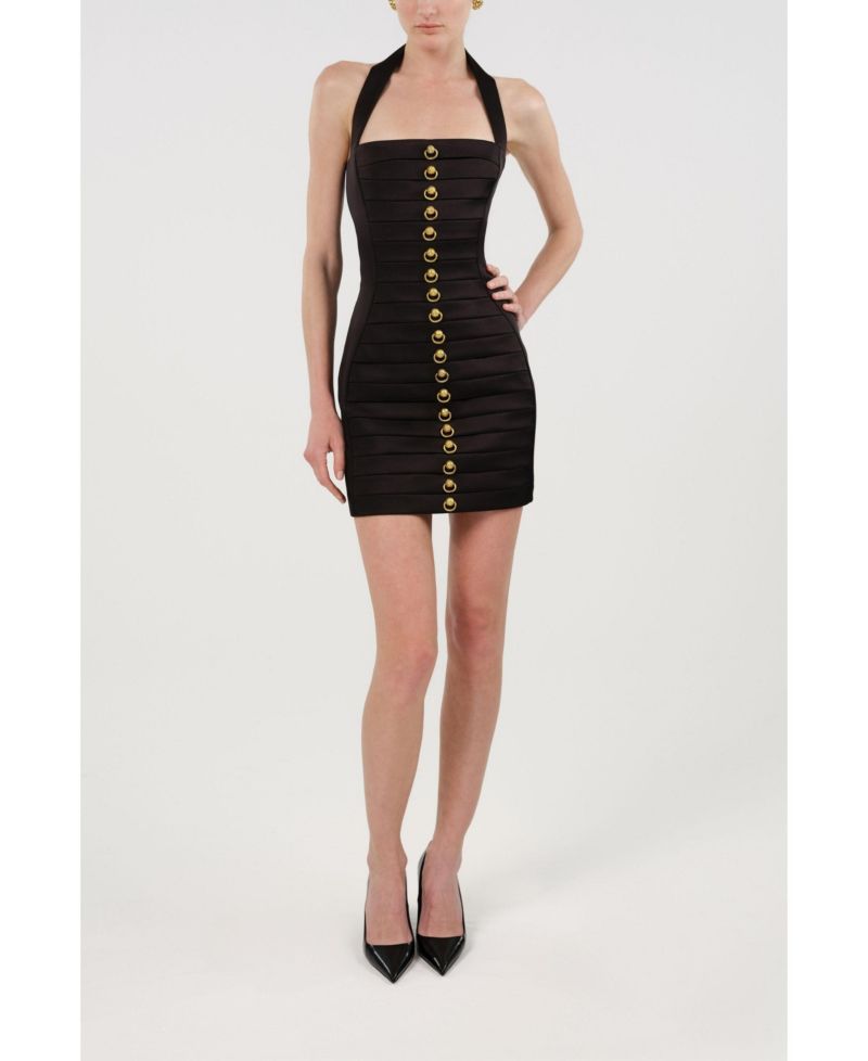 Women's Pleated Detail Embellished Mini Dress