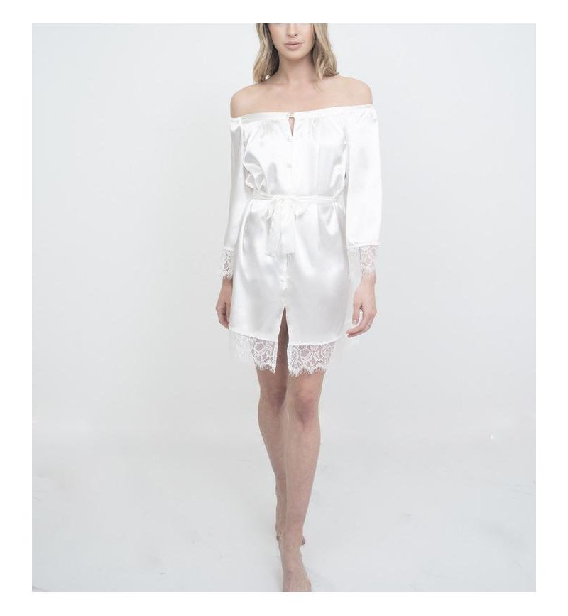 Women's Bridal Off-The-Shoulder Lace Trim The Hair and Makeup Robe