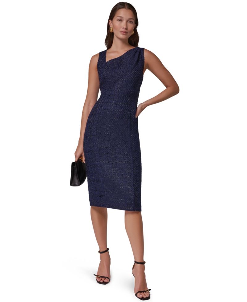 Women's Tweed Asymmetric Neck Midi Dress