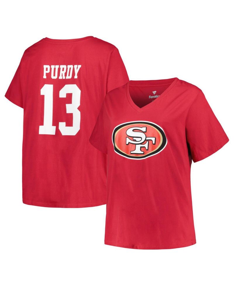 Women's Brock Purdy Scarlet San Francisco 49ers Plus Size Player Name and Number V-Neck T-shirt