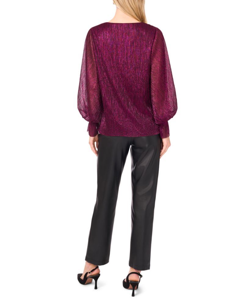 Women's Metallic V-Neck Sheer-Sleeve Top