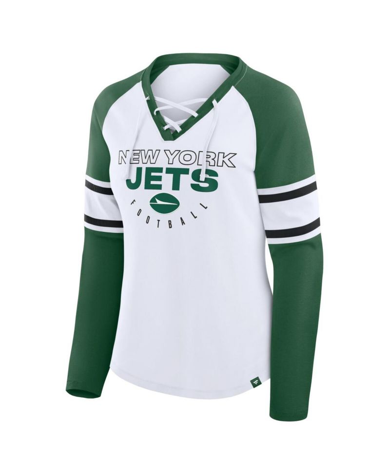 Women's White/Green New York Jets Redzone Blitz Package Raglan Lace-Up V-Neck Long Sleeve T-Shirt