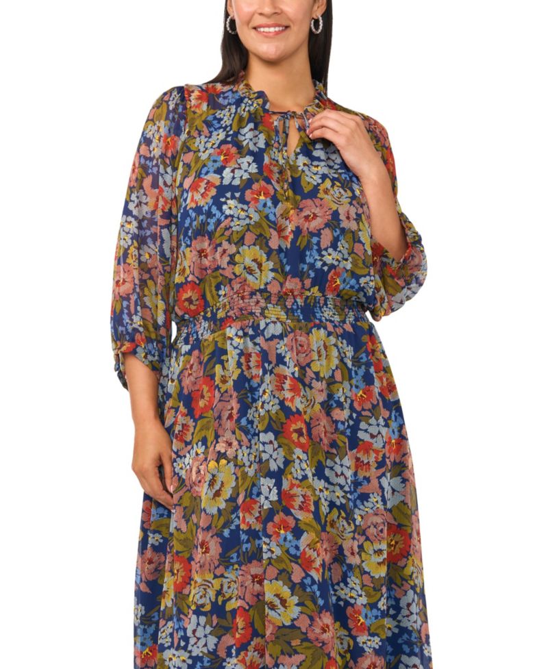 Plus Size Floral-Print Puff Sleeve Chiffon Maxi Dress