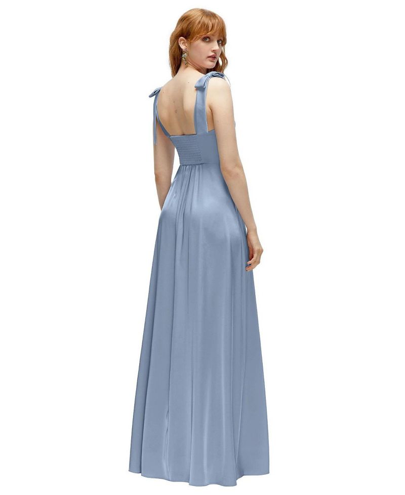 Women's Square Neck Fluid Satin Maxi Dress with Bow Straps