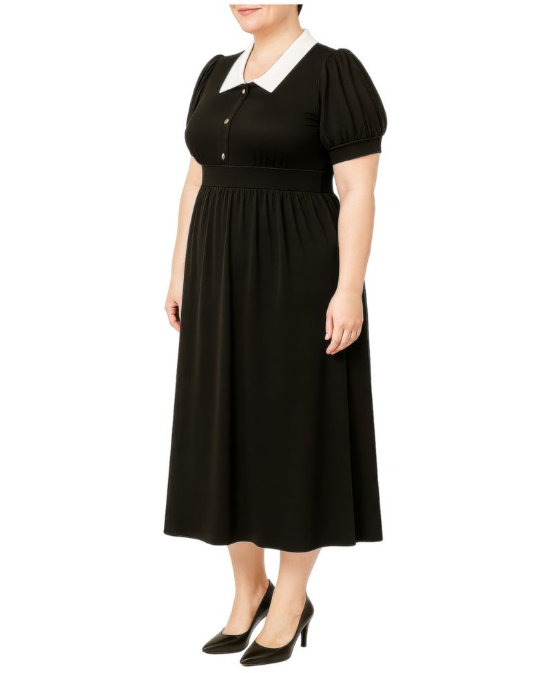 Plus Size Puff-Sleeve Contrast-Collar Midi Dress