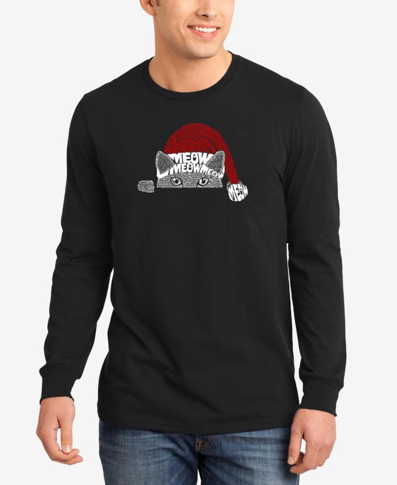 Men's Christmas Peeking Cat Word Art Long Sleeve T-shirt